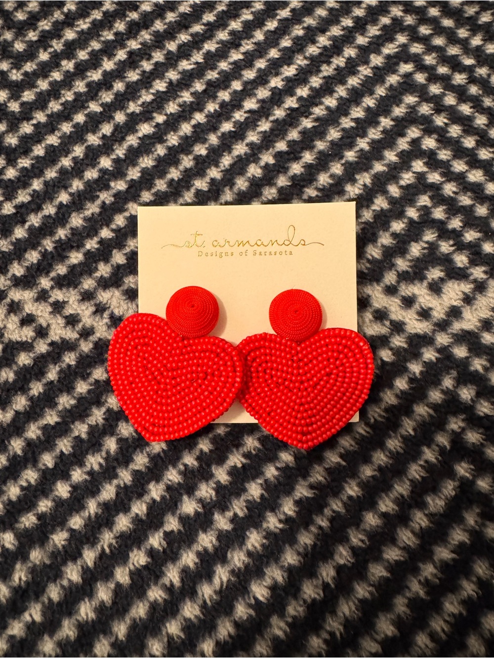 St. Armands Red Beaded Heart Drop Earrings